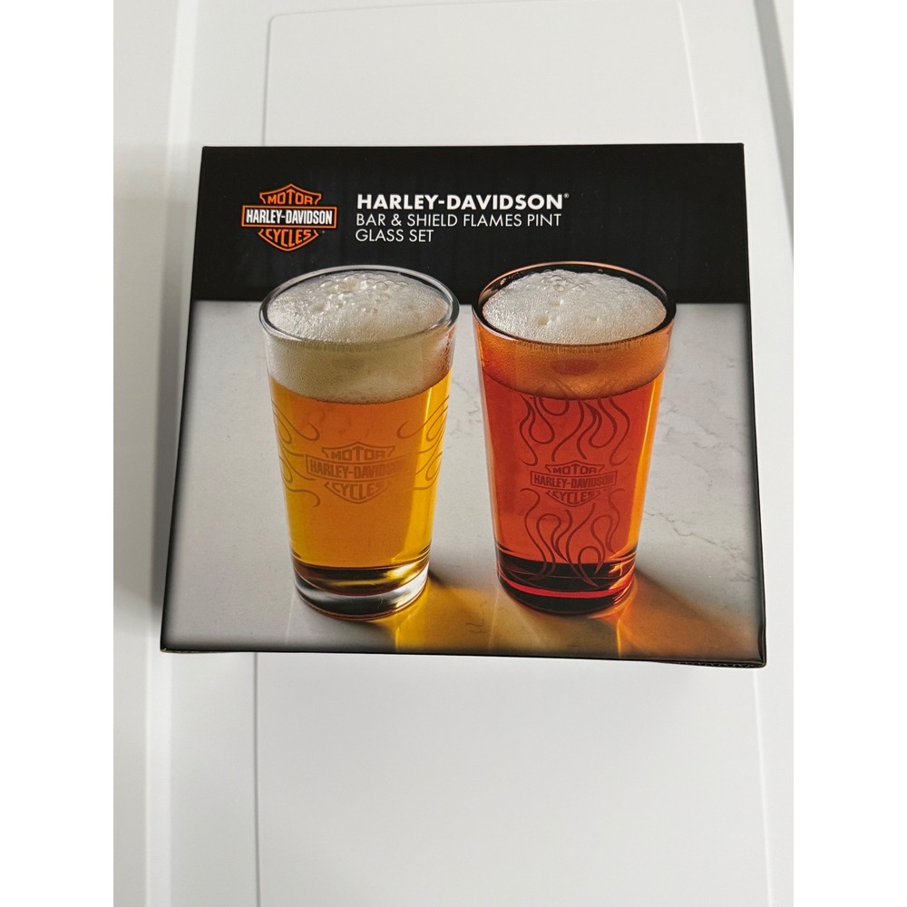 Harley-Davidson Bar & Shield Flames Pint Glass Set 2 Pack Clear Amber 16oz